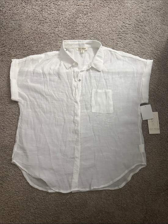 Lily Star Tops - Lily Star White Linen Short-Sleeve Button-Up Top
